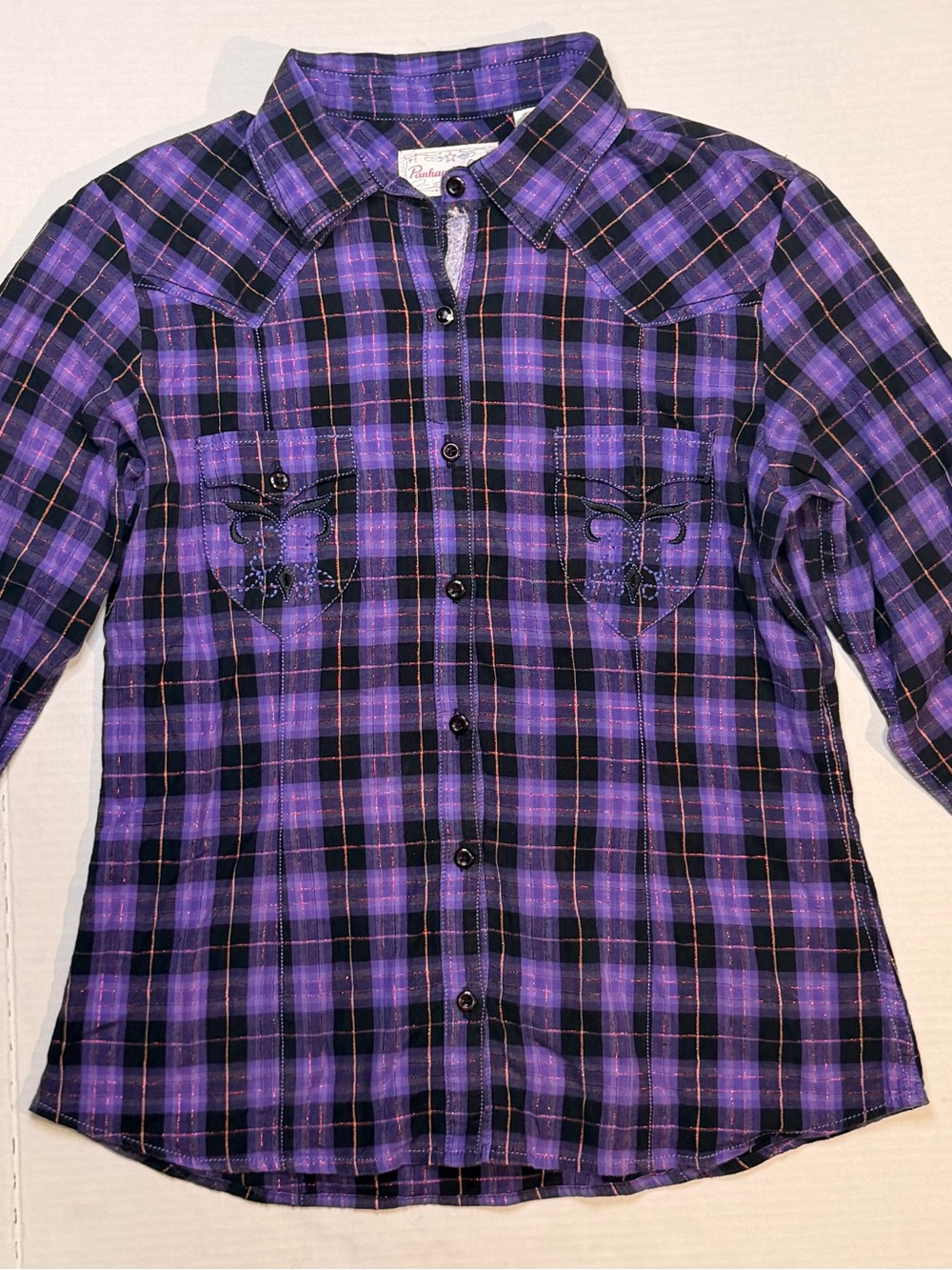 Panhandle Slim Y2K Western Wear Pink-and-Black Purple Plaid Embroidered Shirt